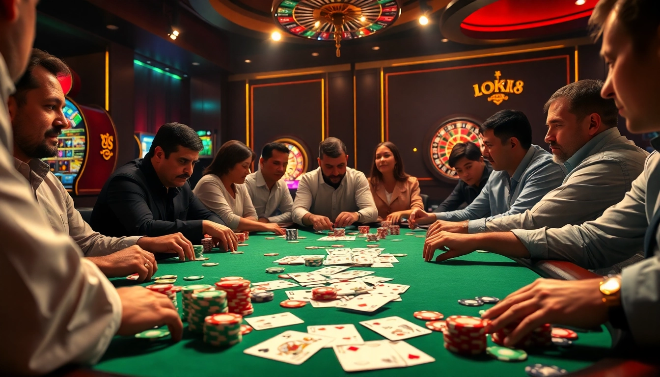 Loki88 casino scene with players at a poker table, colorful chips and high-stakes excitement.