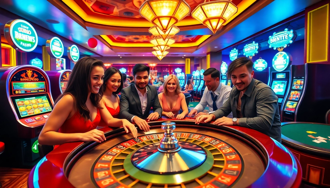 At kingfun.gold, players enjoy an exhilarating casino experience at roulette, surrounded by vibrant slot machines.