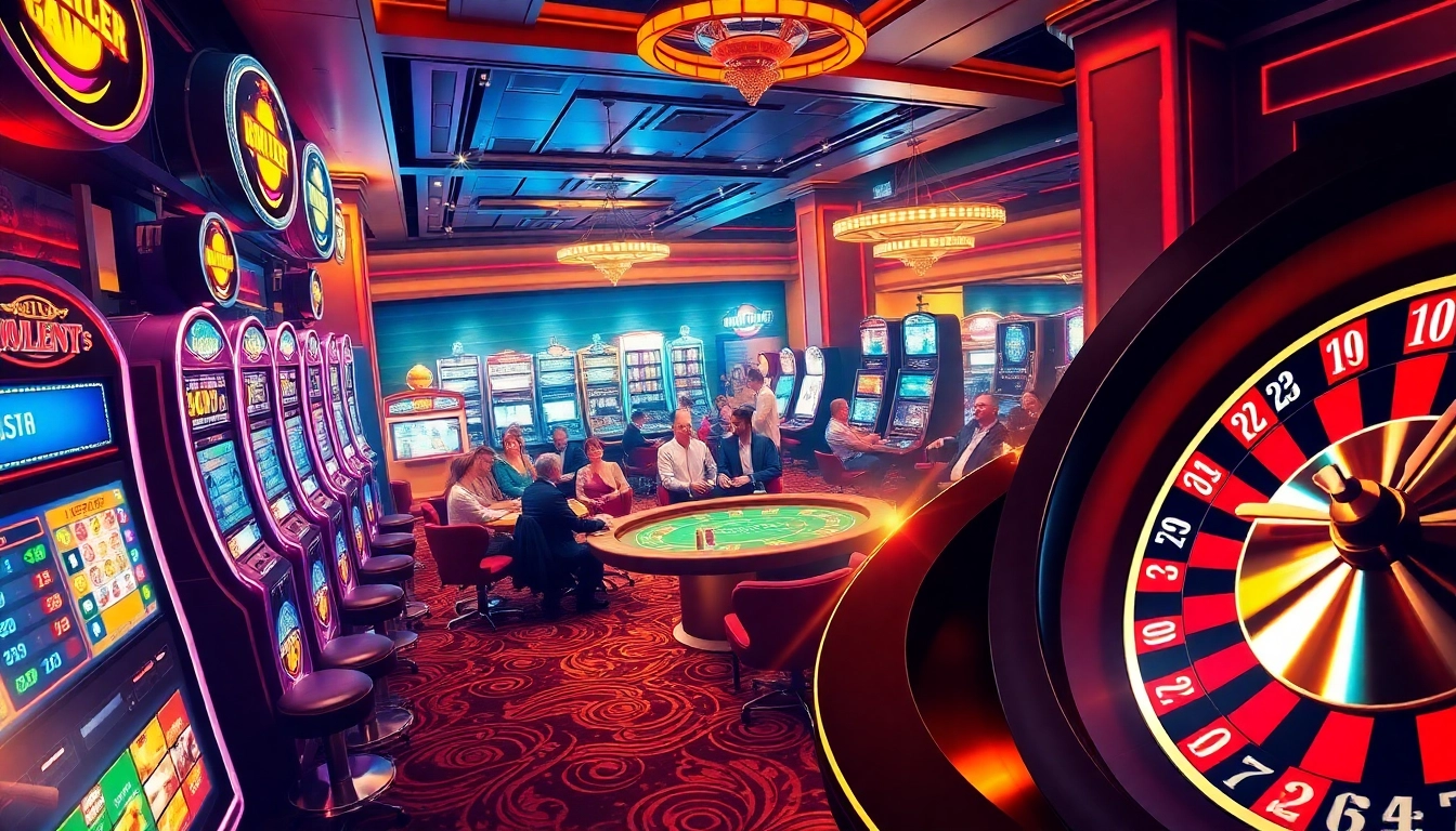 Thrilling casino scene displaying vibrant poker and slot games at https://cakhiatv.uno.